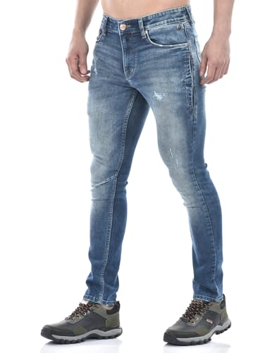 Image of Numero Uno Men Solid Blue Denim Skinny Fit Jeans
