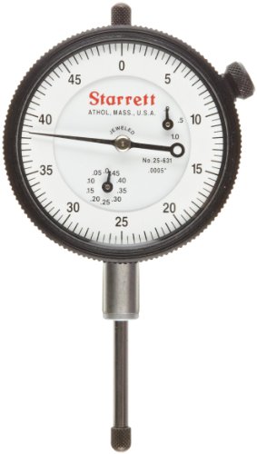 Starrett Dial Indicator, 25-631J WCSC â€“ Hardened Steel, Lug On Center Back, Jeweled Bearings, 0-50 Reading, 0 - 1" Range, 0.005" Graduation, 0.375" White Stem Dial