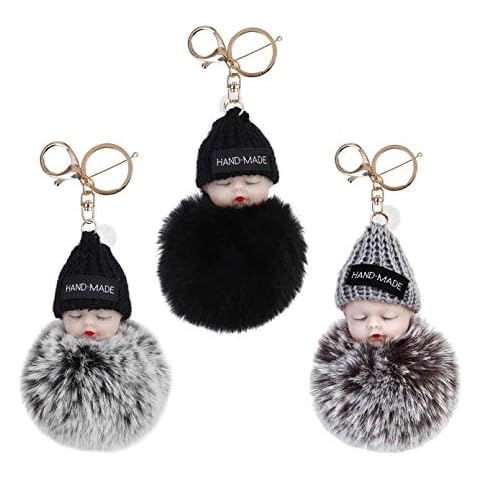 Key Pendant Cute Sleep Baby Doll Keychain Bowtie Pompom Fur Fluffy Key Ring Bag Wallet Handing Pendant Ornament for Key Bag Mobile Phone 3PCS Cover