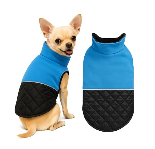 Image of The Pets Company Dog Winter Coat Jacket, Clothes, Windproof, Light Weight, Washable, Ultra Warm Thick Fleece Lined Dog Vest for Cold Weather Protection, (Reversible Blue, X - Small - 12 Inch)