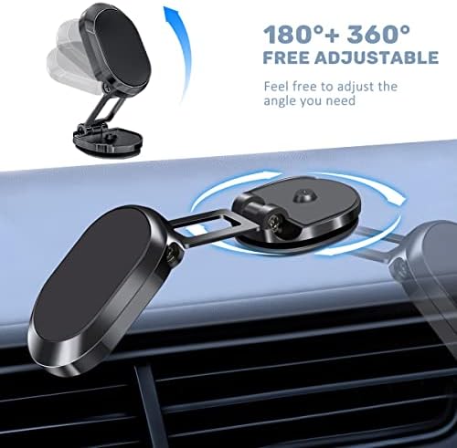 Magnetic Phone Car Mount with Foldable Base, 360° Rotation Dashboard Magnetic Car Phone Holder with 6 N52 Magnets and 2 Metal Plates, Universal Car Phone Mount Compatible with All Smartphones(Black)