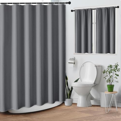 Culudea Charcoal Grey Waffle Textured Cloth Shower Curtain Set, Solid Modern Bathroom Window Waterproof Shower Curtains for Bathroom Decor