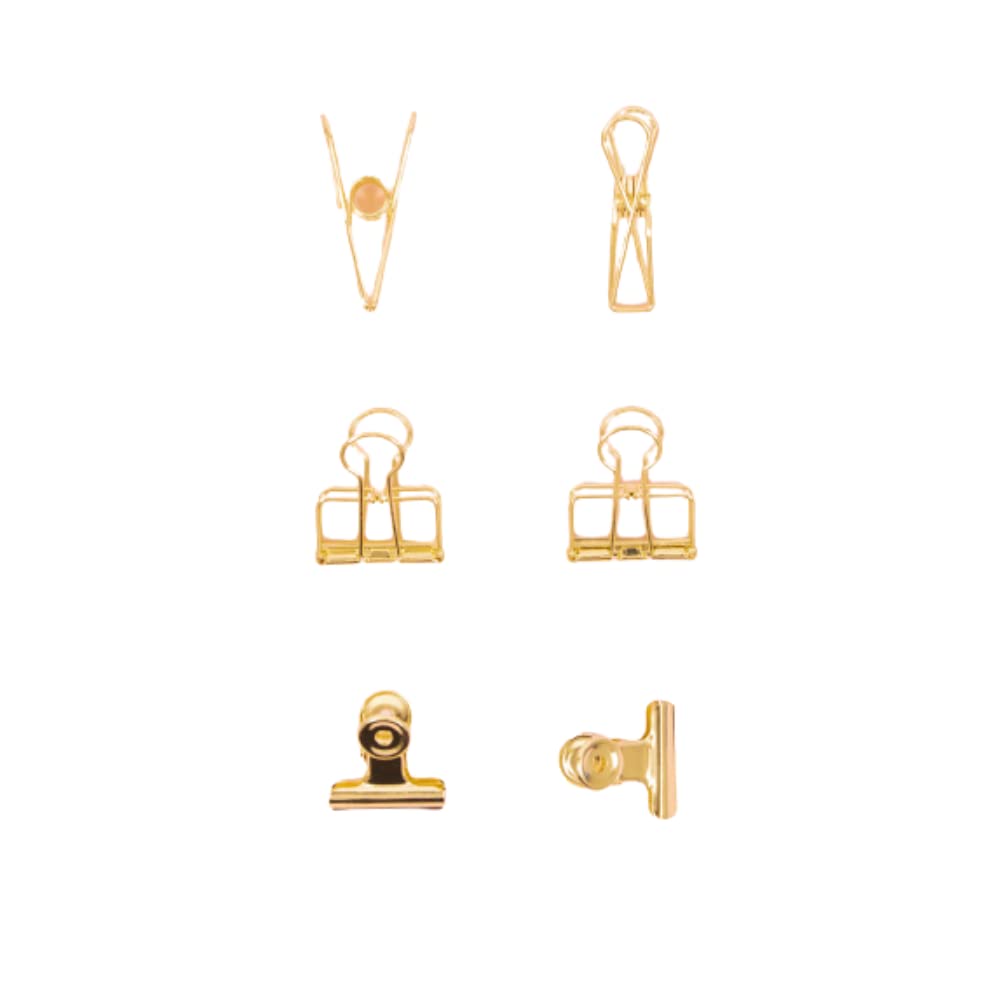 Craftelier - Set of 6 Metal Clamps with 3 Different Sizes and 3 Different Designs | Holds for Scrapbooking and Craft Materials | Dimensions Approx. 1 x 5.5 cm, 3 x 4 cm, 3 x 3 cm - Gold Colour