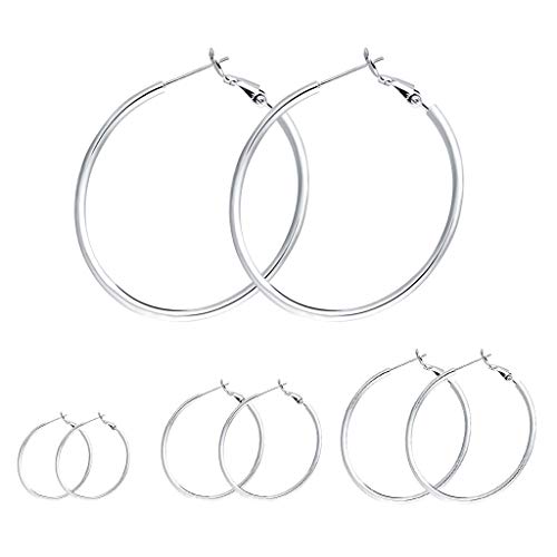 4 Pairs Sterling Silver Hoop Earrings - 14k White Gold Plated Hoop Earrings Big Hoop Earrings Set Silver Hoop Earrings for Women Girls Valentine's Day Gifts (30/40/50/60MM)