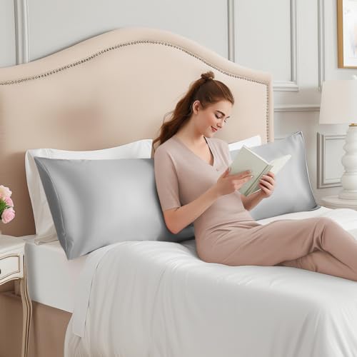 Image of INFIIXSO Body Pillow Cover with Zipper, Luxury Mulberry Silk Long Body Pillow Case 20x54 Inches, Ultra Smooth and Soft Cooling Body Pillow Pillowcase, Gift for Women, Men(Light Grey)