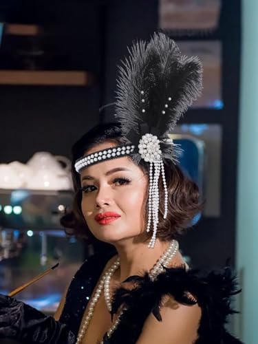 IYOU 1920s Flapper Headband Black Feather Great Gatsby Headpiece Pearl Tassel Vintage Festival Wedding Hair Accessories for Women - Image 4