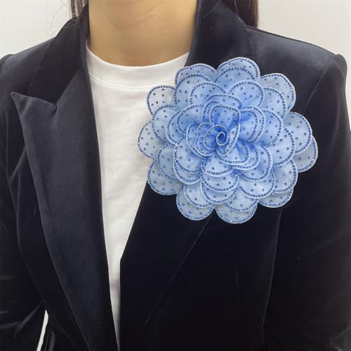 Image of Rhinestone Camellia Flower Big Brooch Lapel Pins for Women Fashion Crystal Fabric Floral Brooches Pin for Dresses Suit Accessories Jewelry Boutonniere Corsage Wedding Party 140mm