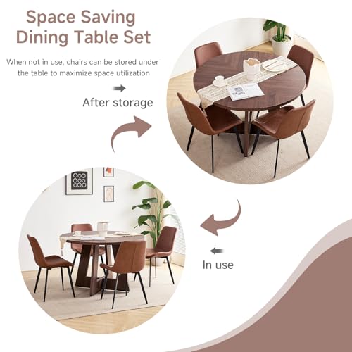 Image of 47 inch Round Dining Table Set for 4, Kitchen Table and Chairs | Wooden Cross Base, Synthetic Leather Chair, for Apartment