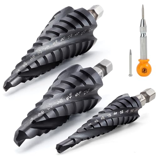 MulWark M35 Cobalt Step Drill Bit Set with Center Punch, 3PCS TiAlN Coated Unibit（1/8'-7/8', 4 Spiral Flute Hex Shank for Stainless Steel, Metal, Wood, Plastic