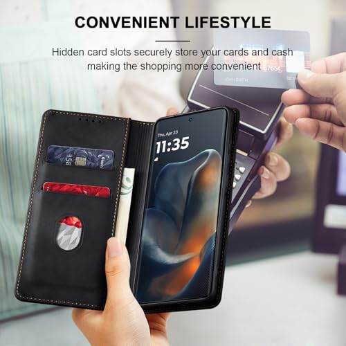 Image of Jasonyu Case for Motorola Edge 60 Leather Wallet Flip Cover with Card Holder,Kickstand, Magnetic Closure,TPU Shockproof Phone Case (Black)
