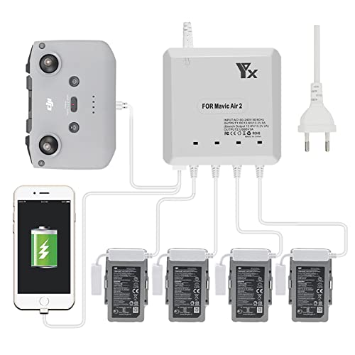 LYONGTECH Chargeur de Batterie 6 en 1 pour DJI Air 2S, Mavic Air 2 Drone, Charge 4 Piles et 2 Ports USB Simultanément, Station de Recharge Hub Accessoires