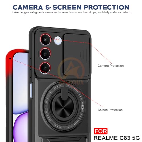 Image of Realme C83 5G Back Cover | Armor Camera Slider 360 Degree Rotating Finger Ring Holder Case with Bracket Stand Back Case Cover (Compatible with MagSafe Accessories) (Black)