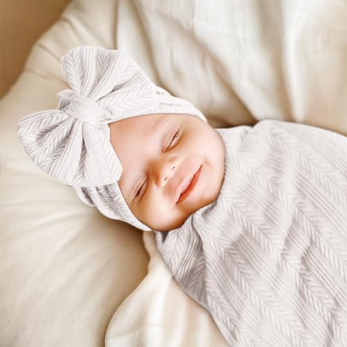 Image of AQOKKA Newborn Receiving Blanket with Bow Hat Mittens Wooden Card Set Wheat-Pattern Newborns Toddler Baby Boy Girl Nursery Swaddle Wrap