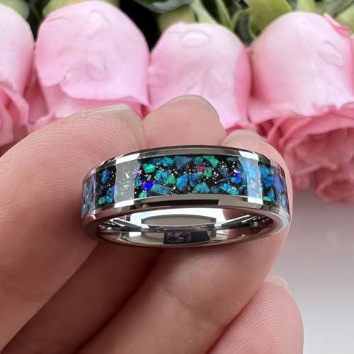 TUTISS 6mm Tungsten Rings for Men Women Couple Genuine Galaxy Opal Inlay Engagement Wedding Bands Beveled Edges Polished Shiny Comfort Fit Size 10.5 by TUTISS - Used condition - Image 3