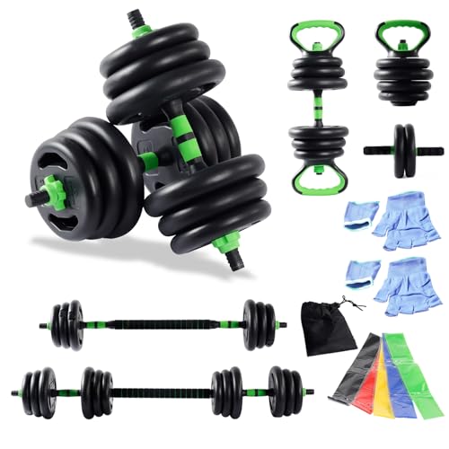 20Kg 5 in1 Dumbbells, Barbell & kettlebell Set of Gym Weights Barbell/Dumbbell Body Building 20KG set, RESISTANCE BAND SET- Set of 5 bands, Ab roller & one sized gloves