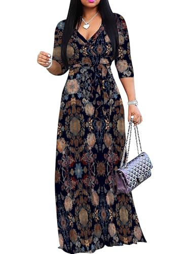 Image of Women's V Neck Floral Maxi Dress 3 /4 Sleeve Plus Size Boho Wrap Flowy Long Dresses with Belt