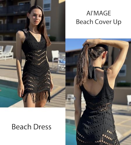AI'MAGE Women Swimsuit Cover Up Sexy Hollow Out Tassel Sleeveless Vneck Crochet Bathing Suit Coverup Slim Fit Beach Dress2