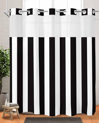 EwdeWwo No Hook Striped Shower Curtain with Snap in Liner, Black and White Shower Curtain for Bathroom Waterproof Vertical Stripe Bath Curtain with See Through Mesh Top Window, 72