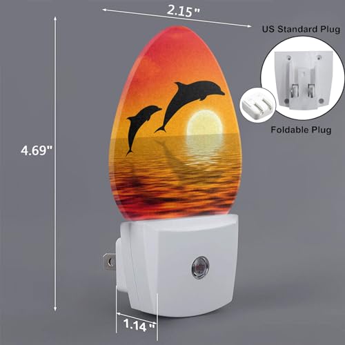 Image of Ocean Night Light Dolphins Jumping Sunset Sea Beach Plug-in Nightlight Energy Saving 0.5W LED Lighting for Boys Girls Men Women