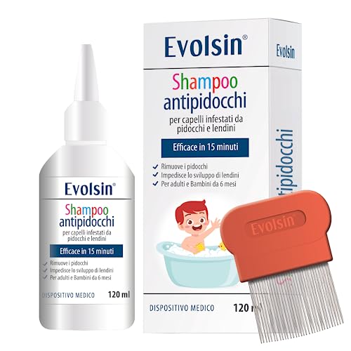 Evolsin - Shampoo pidocchi con pettine pidocchi e lendini per adulti e bambini a partire da 6 mesi - 120 ml trattamento pidocchi delicato sul cuoio capelluto - agisce in 15 minuti