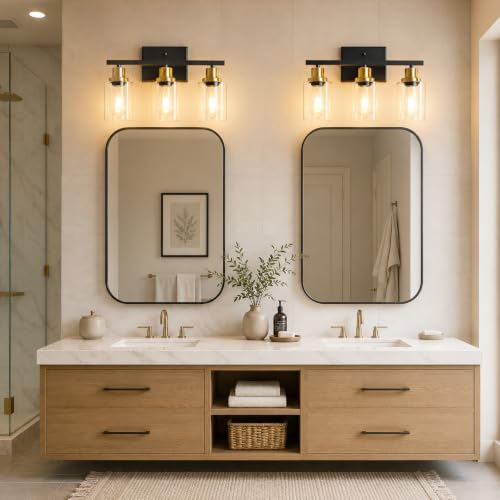 Image of Ascher Bathroom Vanity Light Fixtures, 3 Light Wall Sconces Lighting with Clear Glass Shade, Black and Gold Wall Lights for Mirror, Kitchen, Living Room, Hallway, E26 Base (Bulbs Not Included)