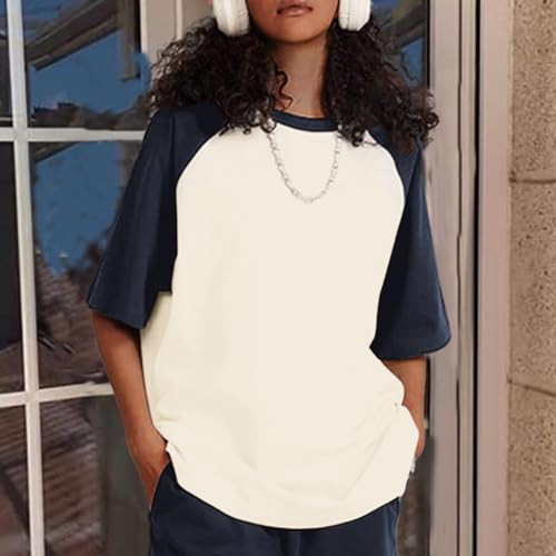 KIEKIECOO Oversized Short Sleeve Shirts for Women Loose Fit Basic Casual Crew Neck Tee Shirt Baggy Color Block Unisex Tops3