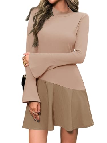 Wenrine Womens Long Bell Sleeve Mini Dress Casual Mock Neck Ruffle Hem Slim Fit Fall Knit Dresses Khaki
