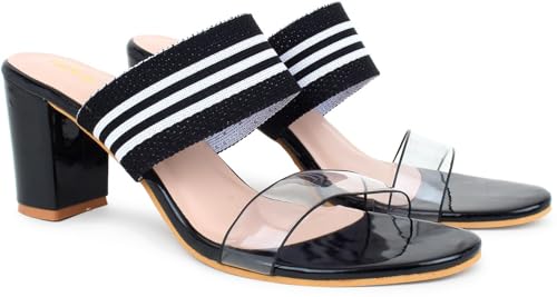 Image of Action Women's Black Suede Platform Sandals| Stiletto Heel| Clear Strap with Striped Band| Ankle Strap Design Black