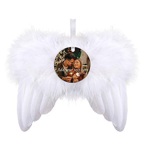 Personalized White Angel Wings Christmas Ornament, Feather Hanging with Custom Round Ornaments for DIY Wedding, Customized Xmas Tree Holiday Party Decor