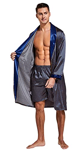 Image of TONY AND CANDICE Men's Satin Robe Lightweight Long Sleeve Silk Kimono Bathrobe with Shorts Set Sleepwear
