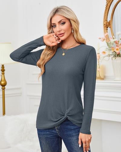 MISFAY Womens Casual Top Long Sleeve Cute Twist Knot Waffle Knit Shirts Tops3