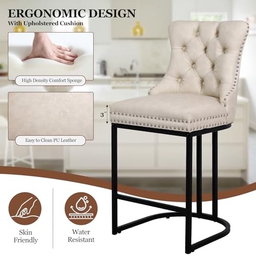 Image of UVV Counter Height Bar Stools Set of 2, 26 inch Modern Barstools with Back, Faux Leather Upholstery Counter Chairs with Metal Legs for Kitchen Island, Bar, Counter, Beige