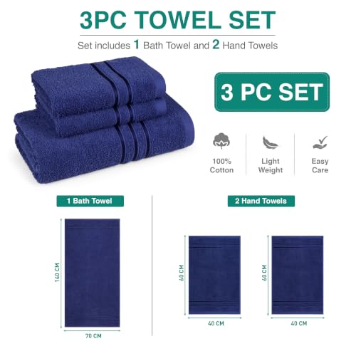 Image of MYTRIDENT Towel Set| Comfort Living | Quick Drying | Travel Friendly | for Men /Women | 3 PC Towel Set | 1 Bath (70 cm x 140 cm) 2 Hand (40 cm x 60 cm) | 100% Cotton 400 GSM - New Navy
