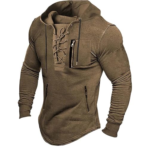 Mens Distressed Gothic Steampunk Hoodies Sweatshirts Outdoor Long Sleeve Lace Up Tactical Sports Hooded Sweatshirts