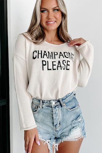 Image of Women Champagne Please Graphic Sweater Casual Slogan Round Neck Long Sleeve Loose Pullover Top