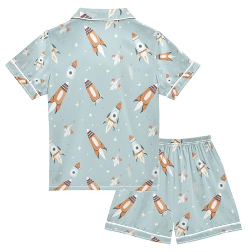 senya Cartoon Rocket Satin Summer Pajama Sets Silk Short Sleeve Button Down Sleepwear2