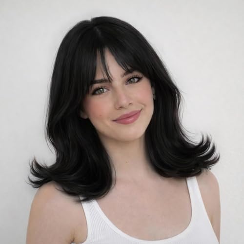 Luqicat Black Bob Wig with Bangs, Shoulder Length Layered Black Wig with Soft Flipped Ends, 14 Inch Natural Looking Synthetic Wig for Women