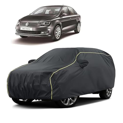 Image of Sulfar 100% Water Resistant Car Body Cover Compatible with Mirror for Volkswagen Vento (Triple Stitched, Full Bottom Elastic, Dark Grey Taffeta with Yellow Piping)