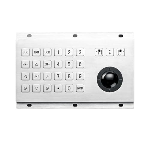 24-Key Stainless Steel Wired USB Industrial Metal Keyboard with Integrated Trackball for Harsh Environments and Industrial Use