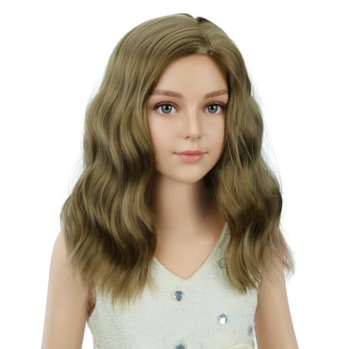 Image of PATTNIUM Dark Blonde Short Curly Wavy Wigs for Kids Girls Ash Blond Side Part Shoulder Length Heat Resistant Synthetic Wig Halloween Cosplay Costume Party Daily Wigs