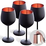 Mosscoff Stainless Steel Wine Glass Set of 4 - Black and Copper collection - 18 oz/530 ml Unbreakable Wine Glasses with a wine stopper - Portable Metal Wine Glass