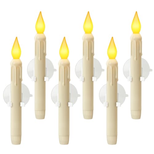 Meigic 6 Pcs Sensor Dawn to Dusk Window Candles, Flickering Battery Candles for Windows, Ultra Bright Fake Candle Lights with Suction Cup, Led Candlesticks for Xmas Home Decor, Warm Yellow Light
