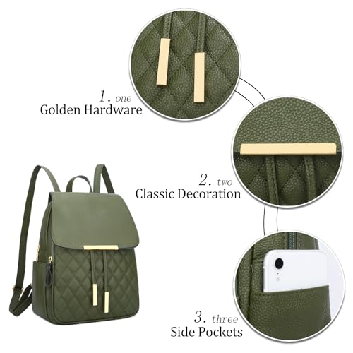 Image of KKXIU Quilted Trendy Leather Backpack Purse for Women and Ladies Shoulder Travel Daypacks Bags (Olive)