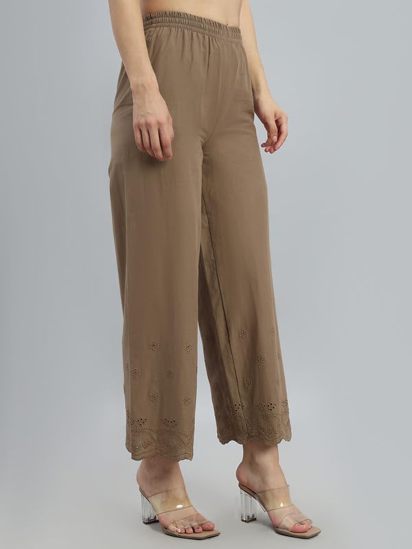 Image of GO COLORS Women Cotton Hakoba Wide Pant Ankle Length, Floral Embroidery, Relaxed Fit, Mid-Rise with Side Pocket
