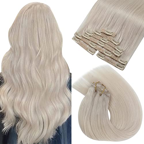 VeSunny Blonde Clip in Hair Extensions #60 Platinum Blonde Human Hair Clip in Extensions Blonde Remy Hair Extensions Clip in Human Hair Blonde Double Weft Clip in Blonde Hair 18inch 7pcs 120g