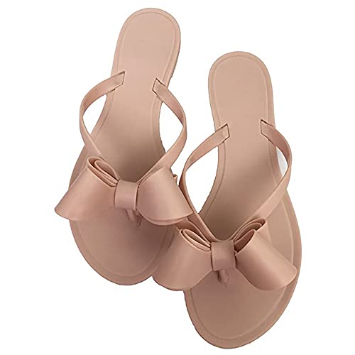 Image of Mtzyoa Women Flip-Flops Flat Sandals Jelly Bow Beach Flat Rivets Rain Cute Dressy Summer Sandals