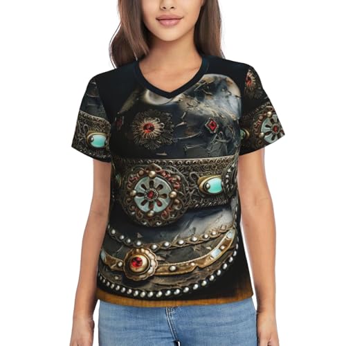 Unkhtt American West Rodeo Hat Print T-shirt classique col en V à manches courtes pour femme Coupe ample Chemisier décontracté à porter au quotidien, Noir , 3XL Unkhtt American West Rodeo Hat Print T-shirt classique col en V à manches courtes pour femme Coupe ample Chemisier décontracté à porter au quotidien, Noir , 3XL