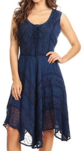 Image of Sakkas Sundara Stonewashed Rayon Embroidered Mid Length Dress