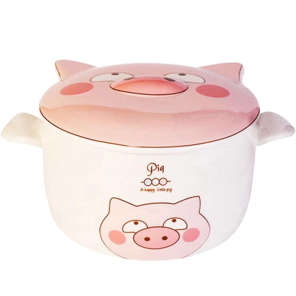 NALsa Cuenco Grande de Cerdito de Dibujos Animados, Recipiente de CER￡Mica para Comida, Taz￳n de Sopa, Taz￳n para Fideos Instant￡neos Binaural Bonito para Estudiantes, vajilla con Tapa