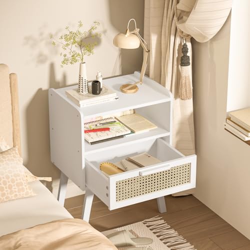 Image of Lerliuo Rattan Nightstand, Bedside Table with Drawer Open Shelf | Cane Accent Side End Table with Solid Wood Legs, White Mid Century Night Stand for Bedroom, Dorm and Small Spaces